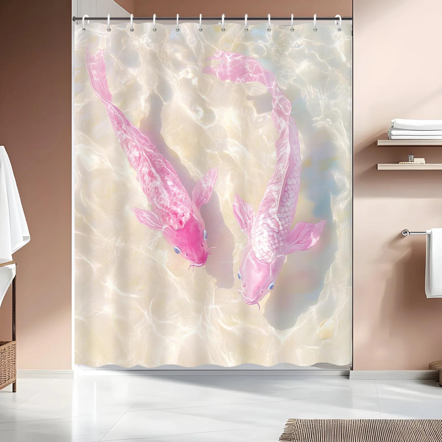 

1Pc Modern Art Pink Carp Pool Shower Curtain - Summer Illustration, 12 Hooks, Bathroom Decor W60H190(CM)-1 Pcs