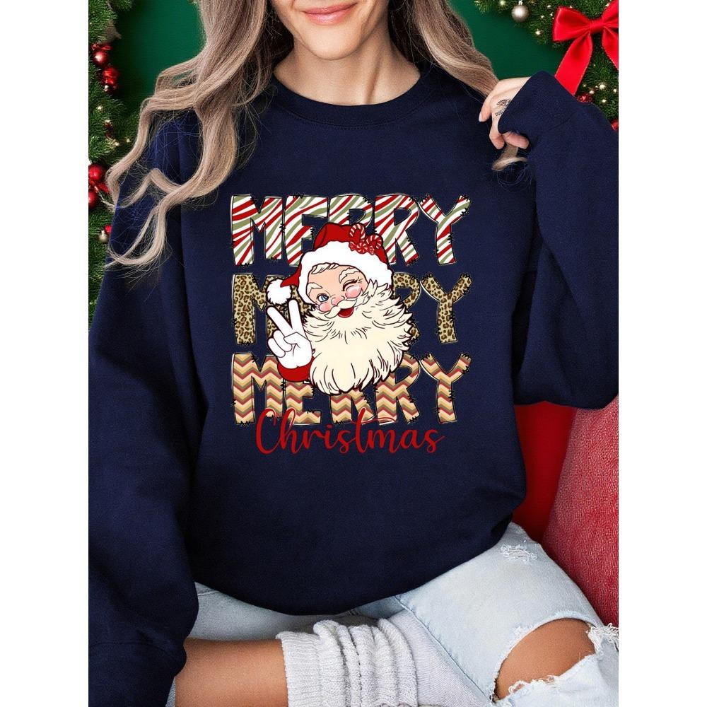 Merry Christmas Santa Claus Design Women Sweatshirt Casual Crewneck Streetwear Multicolor Fashion Clothing Soft Clothes
