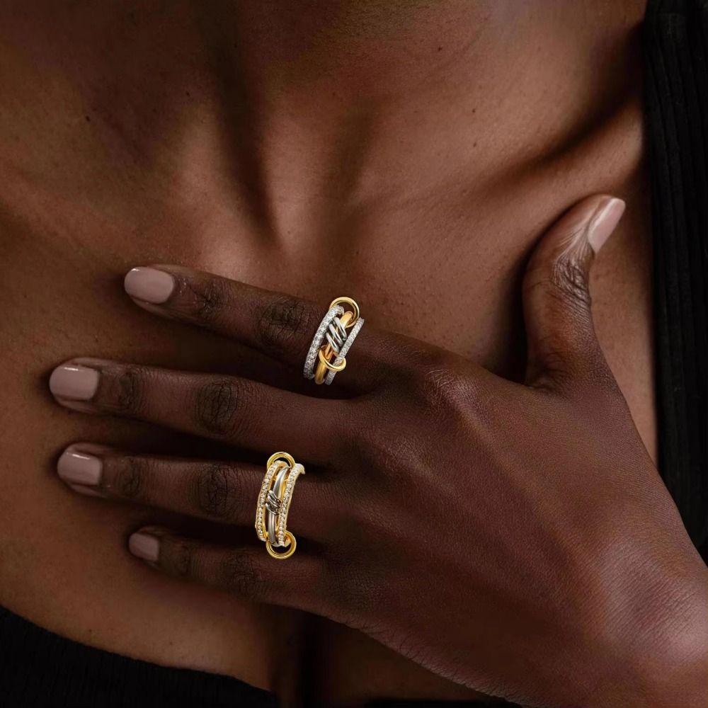 Three Layered Ring Stackable Rings Metal Multi-Link Connected Rings Geometric Knuckle Ring  Women