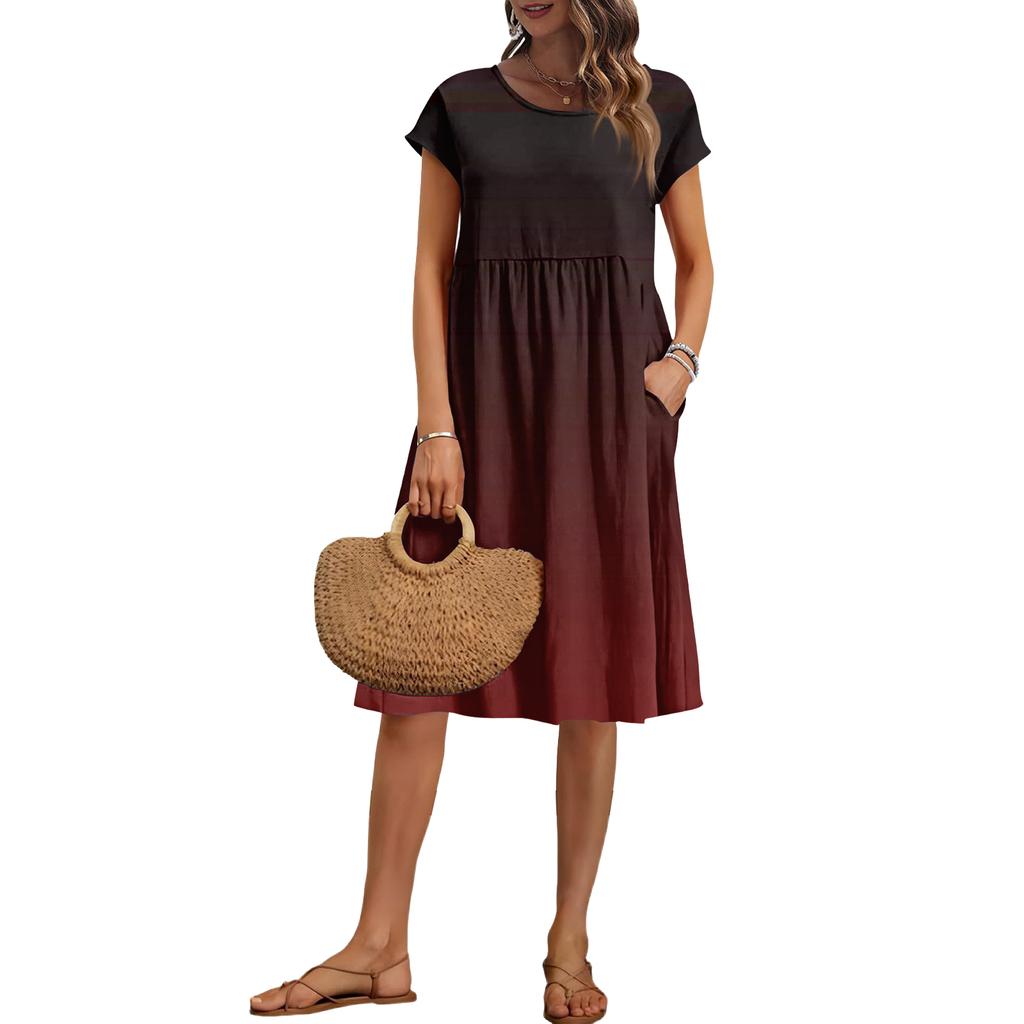 Damska Letnia Modna Codzienna Okrągły Dekolt Krótki Rękaw Sukienka z Gradientowym Wzorem