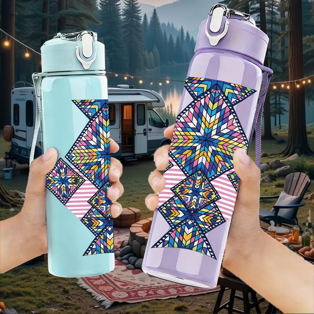 1PC Ethnic Geometric Tribal Pattern Print 750ml Color Plastic Sports Water Bottle Leakproof Flip Straw Lid Suitable for Sports Office Home Use