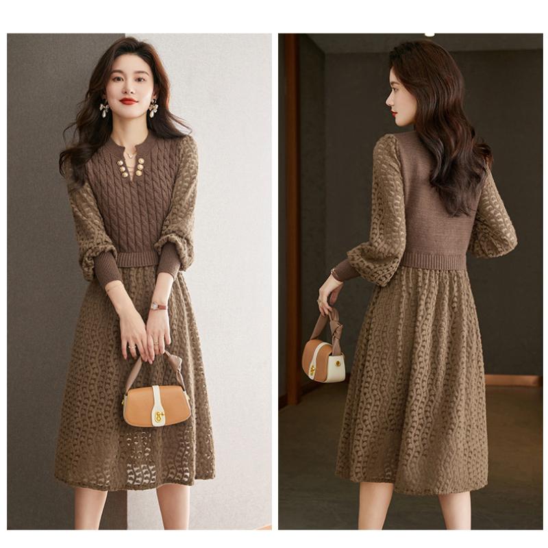 GMXIA Women's Knitted Dresses Autumn and Winter New Fashion Lantern Sleeve Long Sweater Dresses
