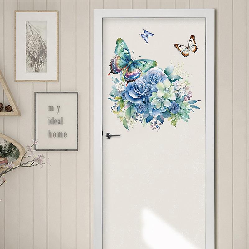 Hand Painted Blue Rose Butterfly Wall Stickers for Bedroom Door Decor and Suitcase Creative Decals for Girls Room