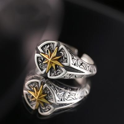 Bague Ouverte Réglable Étoile Polaire Rétro Pour Hommes Punk Gothique Avant-Gardiste Cuivre Zircon Accessoires Unisexe Bonne Fortune Amour Cadeau