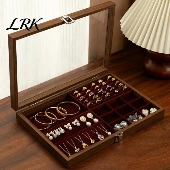 Jewelry Box with Partitions Ring Storage Box, Durable Wood Compartmentalized Design, Soft Neat And Orderly Velvet Interior Multi-grid Organizer,