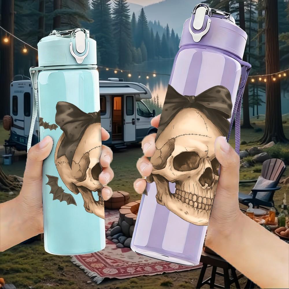 1PC Bow Decor Vintage Skull 750ml Color Plastic Sports Water Bottle Leakproof Flip Straw Lid Suitable for Sports Office Home Use