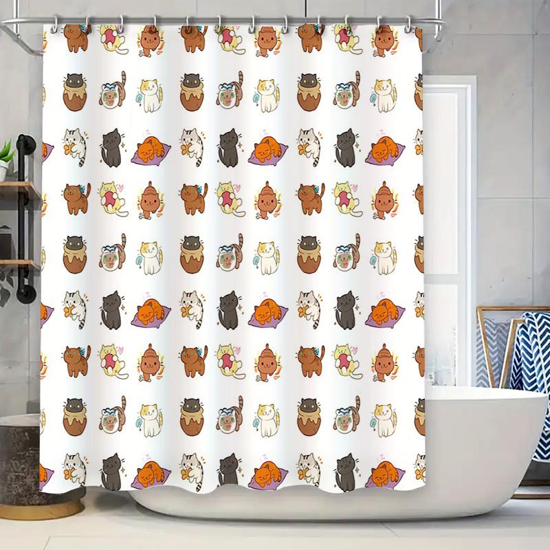 

Cute Cat Shower Curtain Waterproof Animal Pattern Bathroom Decor Japanese Style Home Textile Washroom Fabric Hanging 90x180cm