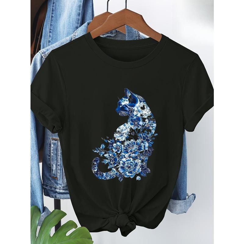 

European sizes Women s Casual Short Sleeve T-Shirt - Cat & Floral Print Round Neck Tee, Machine Washable Spring Summer Fall Top 4XL чорний