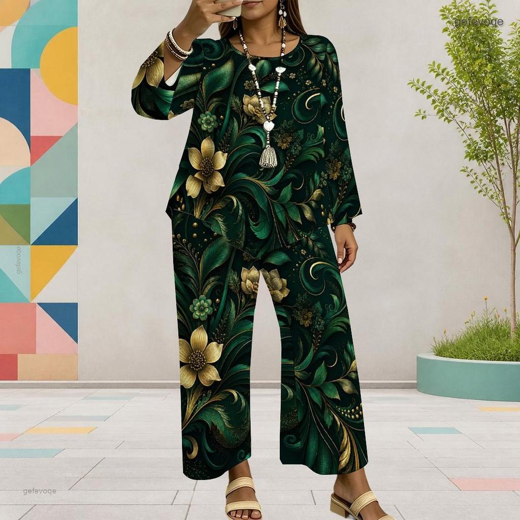 Women Plus Size Round Neck Long Sleeve Floral Printed Layered Top Wide Leg Cropped Pants Two Piece Set