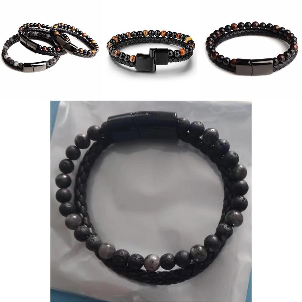 Men 21cm Double Layered Volcanic Stone Beaded Bracelet Alloy Leather Clasp