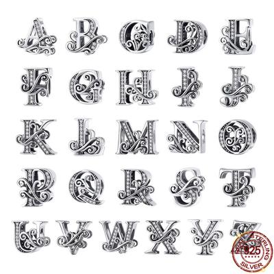 Alphabet 26 A-Z 925 Silver Charm Beads Name Letter Charm Fit Original Fasion Sterling Bracelet Chain Zircon DIY Making Jewelry