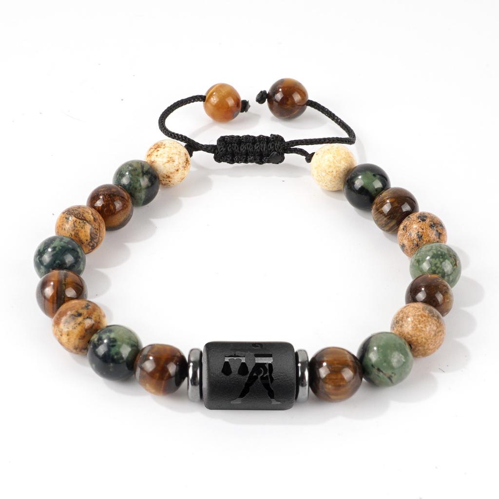 Vintage Zodiac Bracelet for Men 8mm Natural Black Onyx Tiger Eye Stone Star Sign Constellation Friendship Prayer Blessing Bracelet Gifts