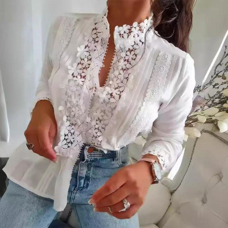 

European and American Spring Women clothes Fashion T-shirt Sexy Lace Top Casual Loose Shirts Blouse Women White S
