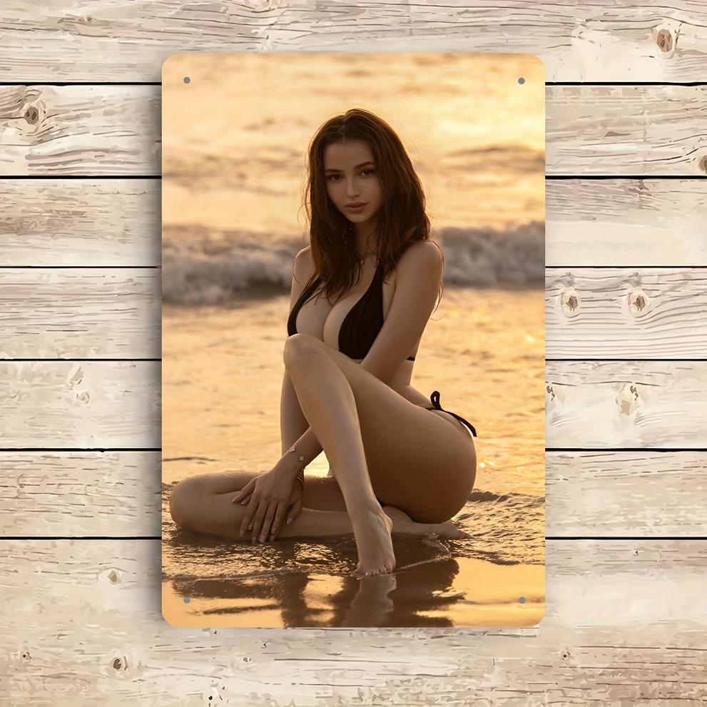 Metal Wall Art 8x12 Inches - Sexy Beach Model Sign for Man Cave, Home Office Bar Decor - Sunset Sea Scene