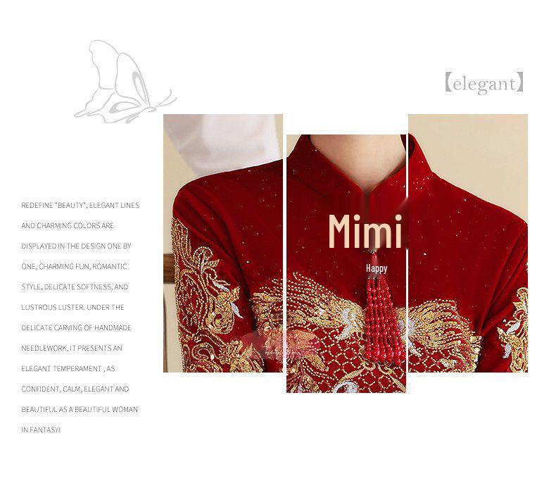 Red Wine Long-Sleeve Qipao Dress: Perfect for Weddings, Homecoming, or Engagements - A Casual Yet Elegant Chinese Autumn Bridal Gown.