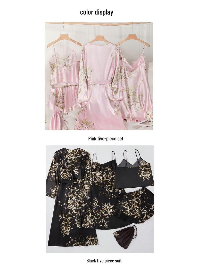 Elegant Women's Spring & Autumn Ice Silk Pajama Set: Long Sleeve Camisole Nightdress & Robe, 5-Piece Luxury Home Wear.