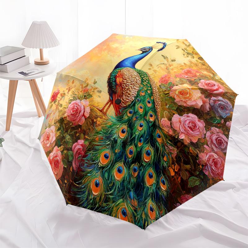1 PC Automatic Folding Umbrella - Peacock Garden Pattern, Portable & Foldable Design with 8 Ribs, Christmas Birthday Gifts