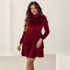Fall Winter New Women's Velvet Dress Stand Collar High Waist Long Sleeve Ruffled Layered Short Skirt