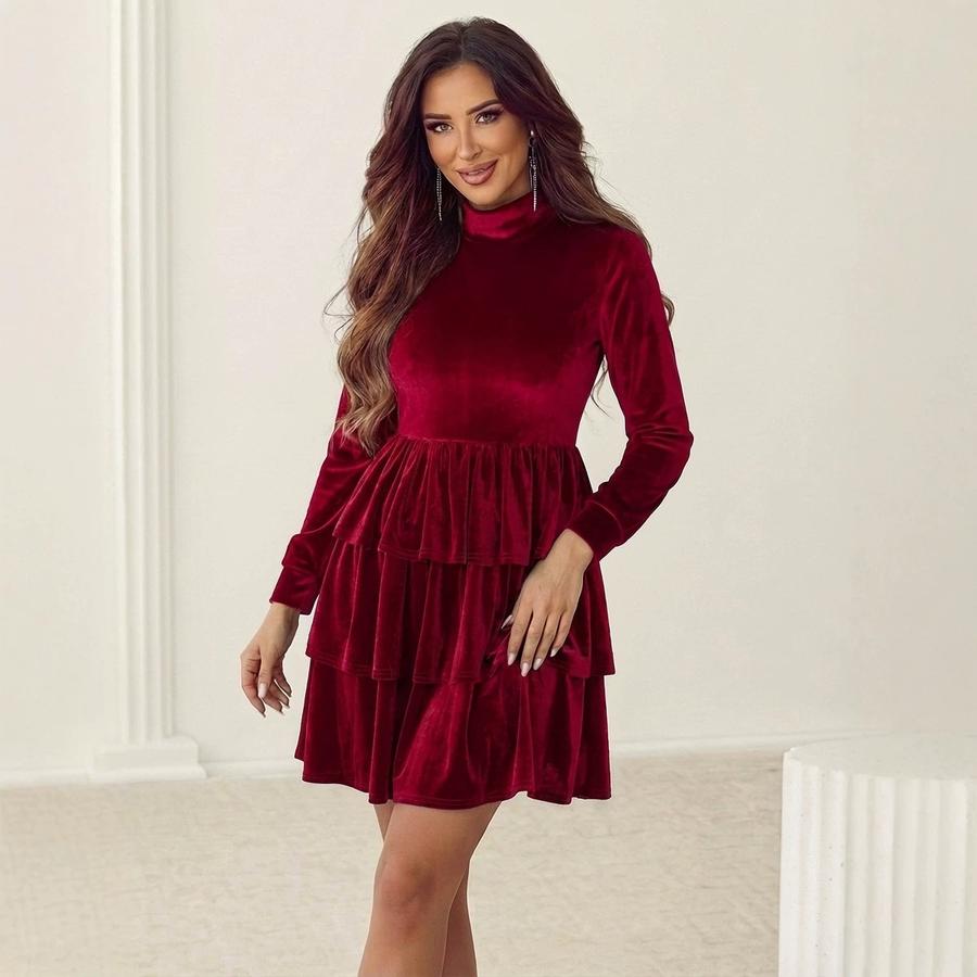 Fall Winter New Women's Velvet Dress Stand Collar High Waist Long Sleeve Ruffled Layered Short Skirt
