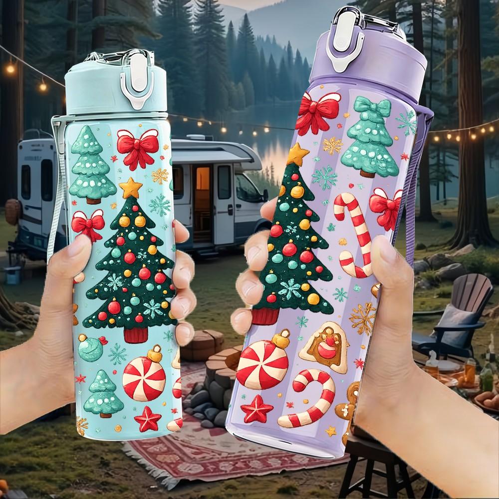 1PC Christmas Gnome Gift Festive Doodle Print 750ml Color Plastic Sports Water Bottle Leakproof Flip Straw Lid Suitable for Sports Office Home Use