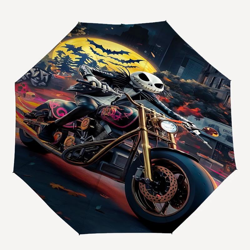 Motorcycle, Halloween Themed Automatic Opening and Closing Umbrella, Brightly Colored 8-rib Portable Umbrella, Suitable for Men and Women
