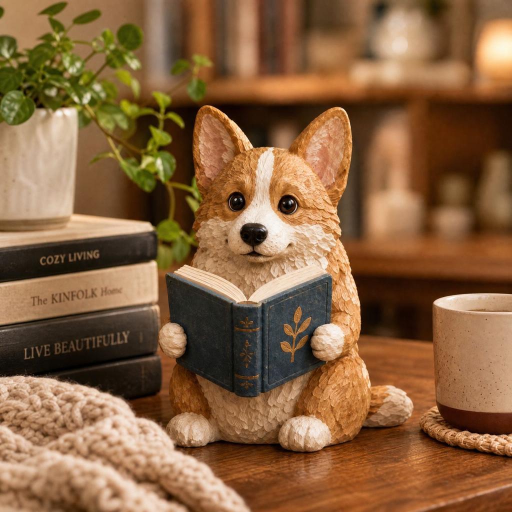 Dog Reading Book Statue Decorative Figurine for Bookshelf Desk Home Decor