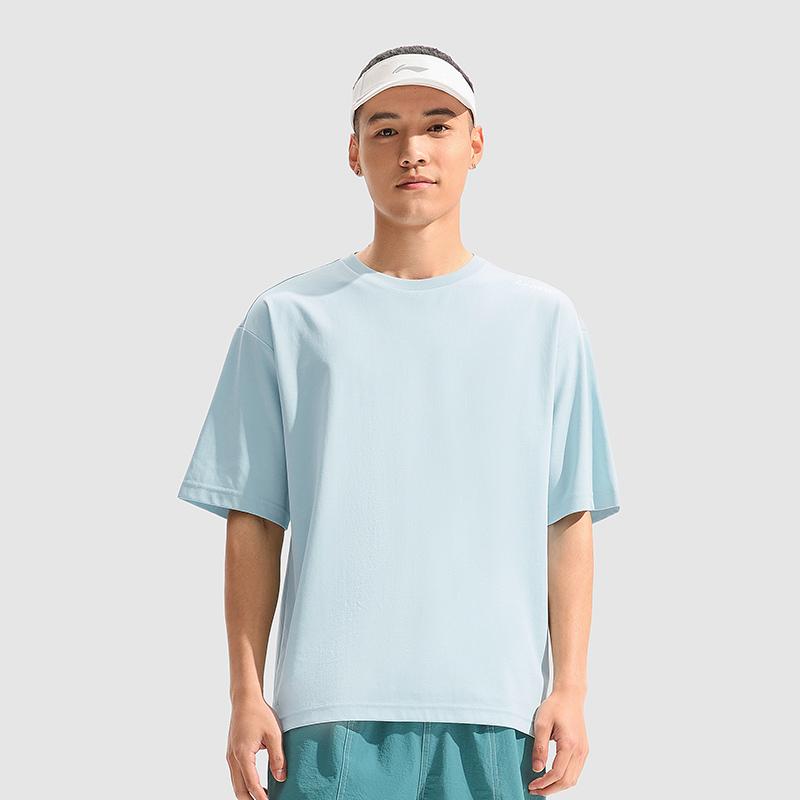 Li Ning Cooling Tea T Ice Silk Quick-Dry Cool Solid Color Round Neck Casual Sports Short Sleeve T-Shirt Men Tops Light-Blue ATSU731-7