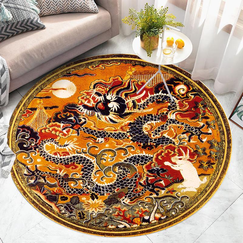 Retro Style Round Dragon Pattern Carpet Living Room Cradle Non-slip Floor Mat Home Rugs For Bedroom Decoration