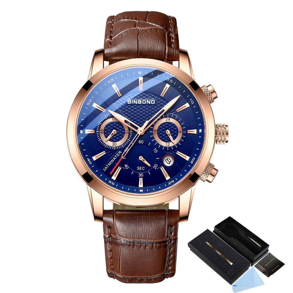 BINBOND Men's Waterproof Quartz Sports Watch with Steel Strap and Dual Eye Multifunction.