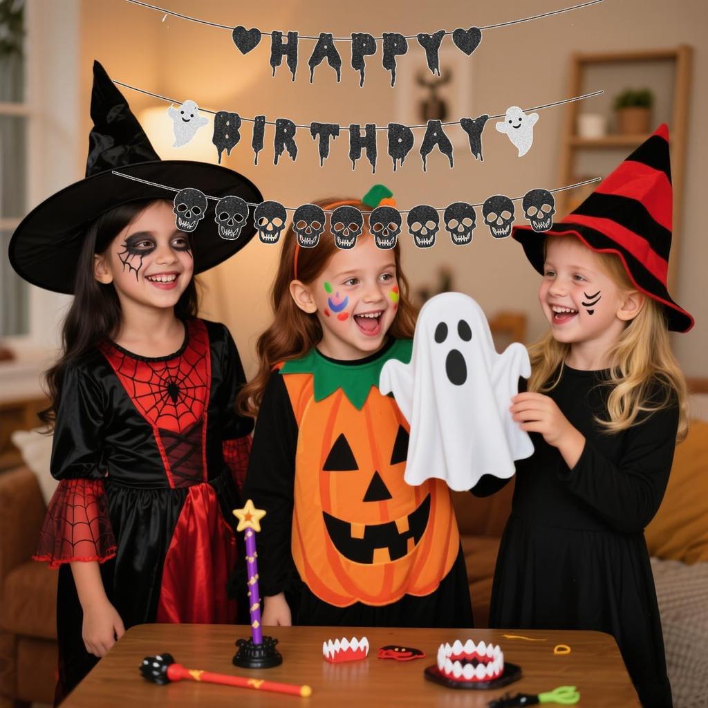 Halloween Birthday Party Decorations - Black Glitter Happy Birthday Banner with Black Heart Skull Garland