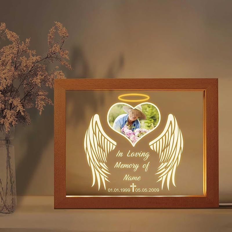 Custom Memorial Night Light with Picture Frames Personalized Acrylic Plaque Sympathy Bereavement Gift with Photo Name Date for Loss of Love(S-Heart