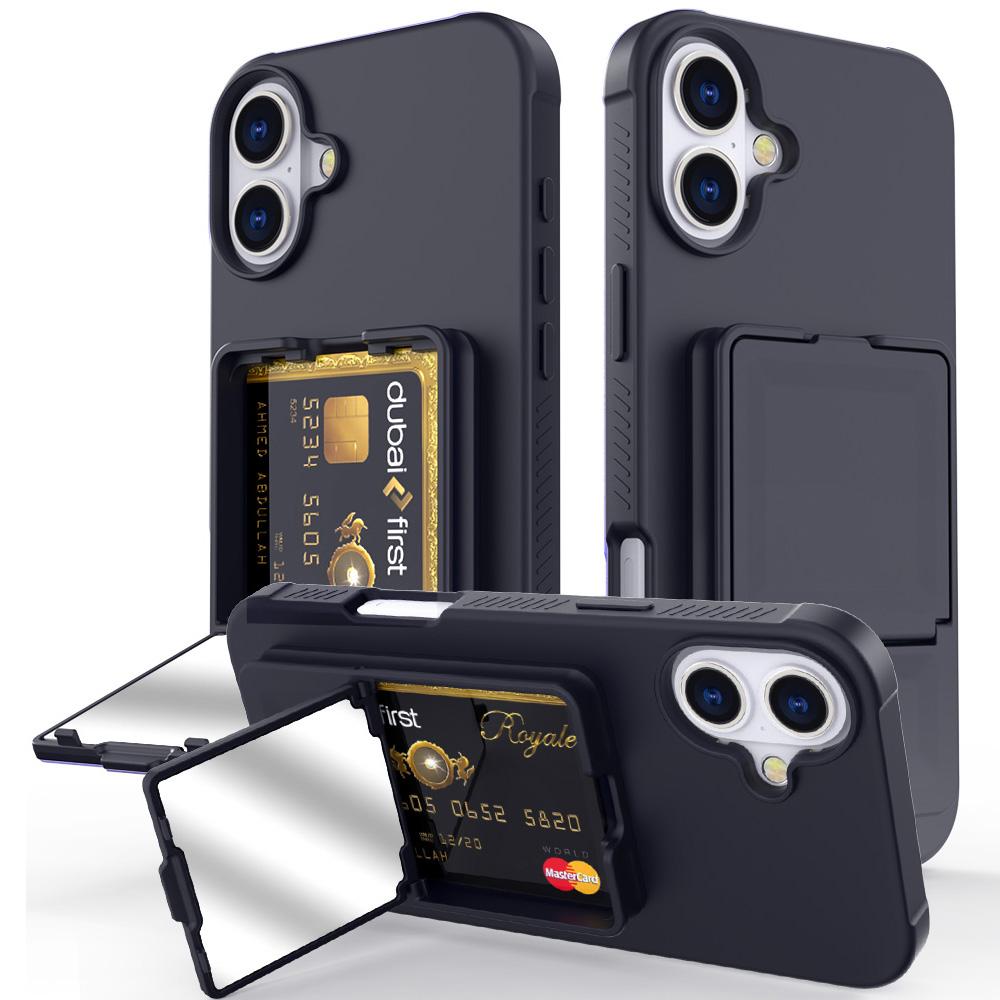 For iPhone 16 Plus Case Skin-Touch Card Holder TPU + PC Phone Cover with Mirror Kickstand