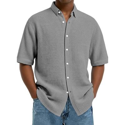 Men's Short-Sleeve Waffle-Knit Collared Shirt - Breathable Casual Button-Down Loose-Fit Top