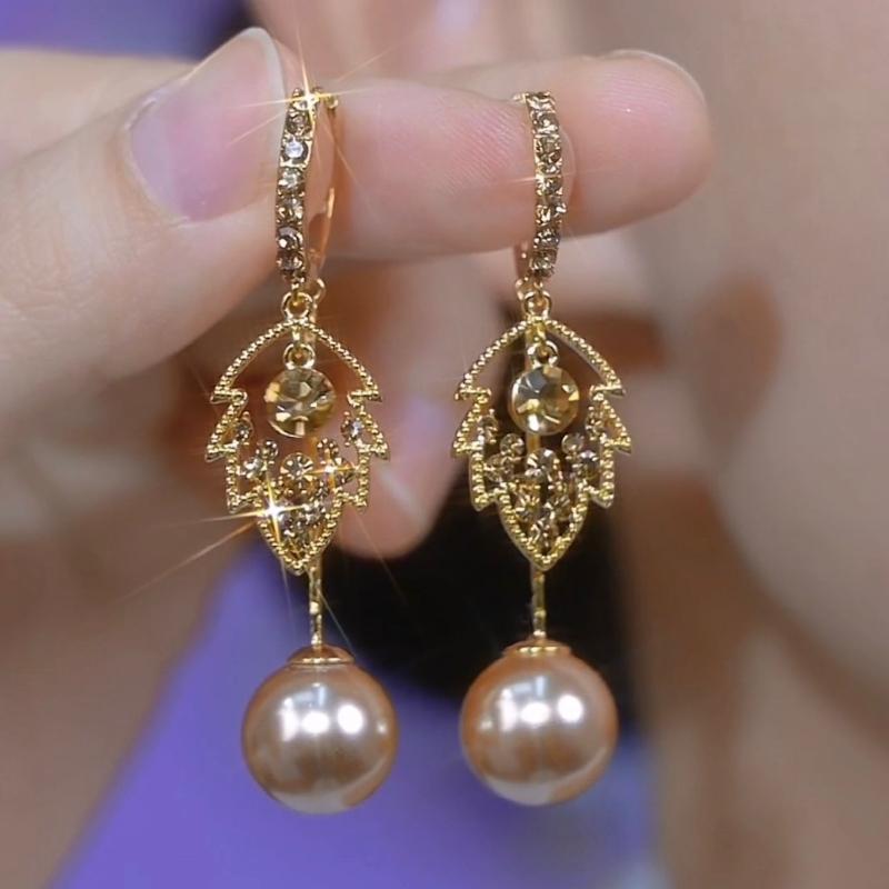 

Fashionable and Luxurious Temperament Hollow Leaf Imitation Pearl Pendant Earrings, Women s Trendy Banquet Party Zircon Gifts