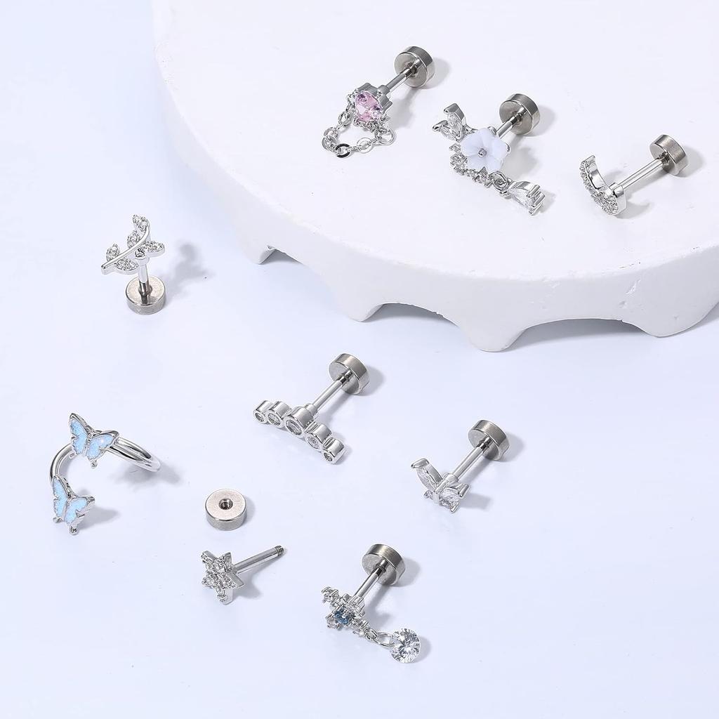 Bobisty 16G Cartilage Earrings for Women Stainless Steel Helix Piercing Jewelry Leaf Butterfly CZ Studs