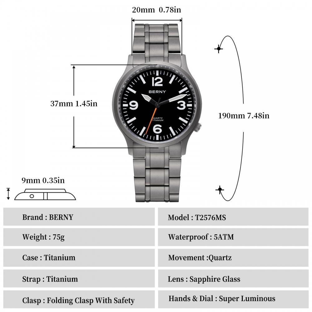 BERNY Titanium Watch Men Men's Watch Men's Watch Japan Sweep Seconds Quartz Movement VH31 5ATM Waterproof Analog Quartz Watch Super Luminous Sapphire