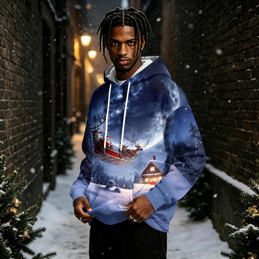 Men's Christmas Print Lined Pullover Hoodie Long Sleeve Sweatshirt