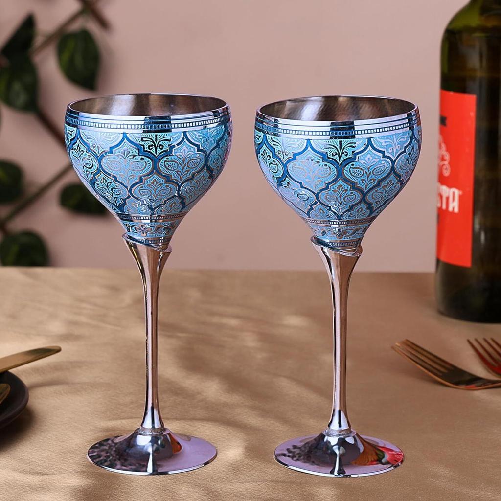 Glasses, Metal Goblet, Champagne Flutes, Diwali, Wedding Anniversary Gift for Couple Marriage, Corporate Clients - Set of 2, Blue Saucer Design
