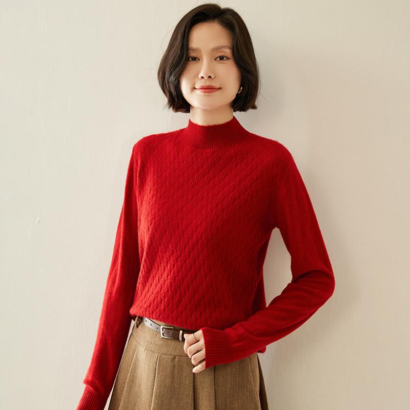 Women's Cashmere Half-High Collar Loose Knit Sweater - Autumn Winter Long Sleeve Pullover