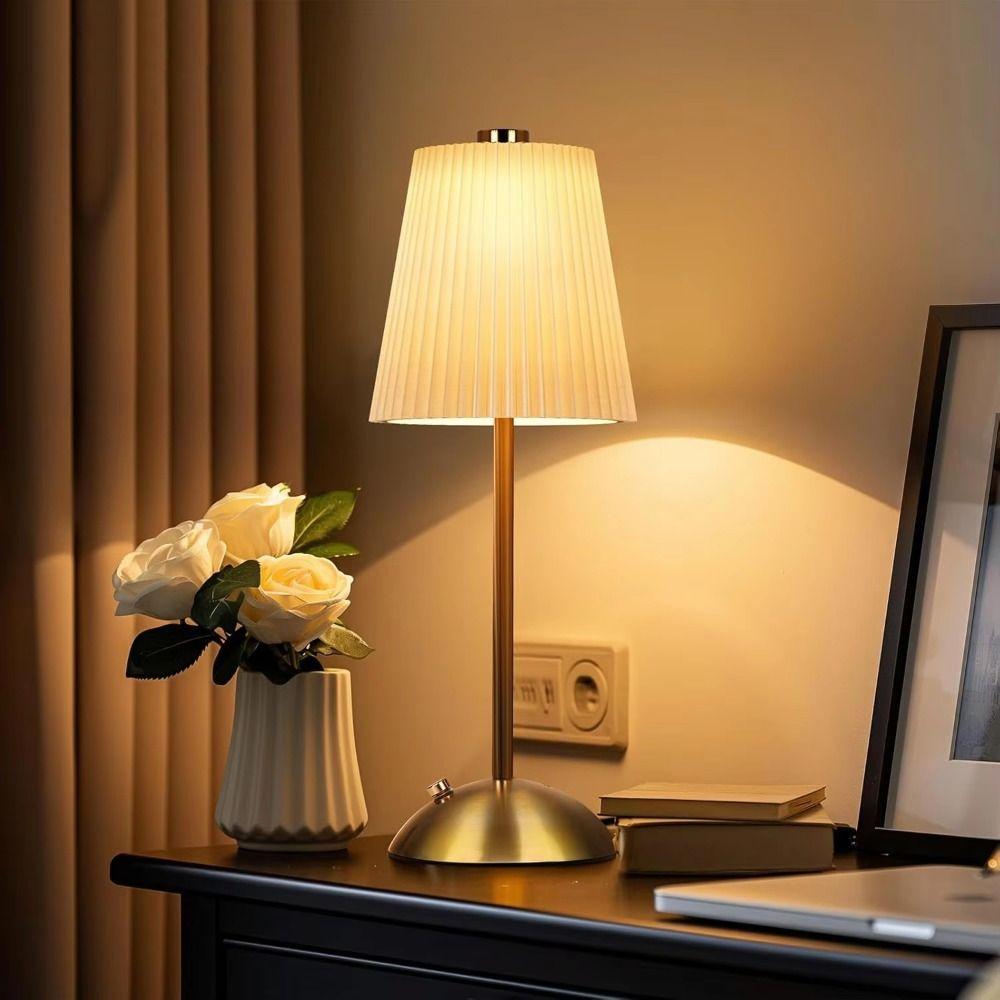 Fabric Shade Pleated Desk Lamp Metal Base LED Night Light Modern Design Touch Bedside Lamp Bar
