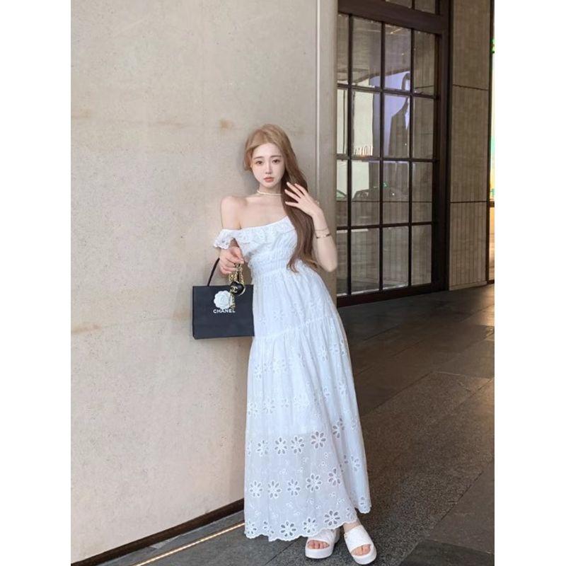 Kumikumi French Sweet Girl Style New Arrival off-the-Shoulder White Dress Women's Summer Waist Slimming A- line Skirt Long Dress