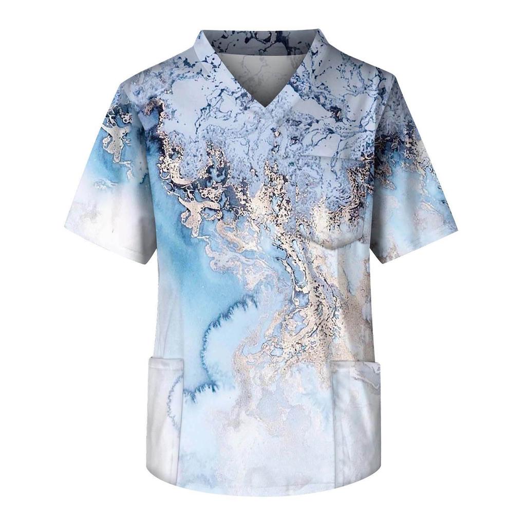 Men's Printed Short Sleeve V-neck Tops Working Pocket Blouse