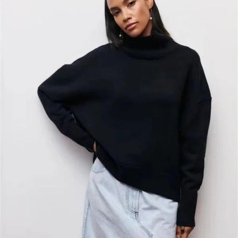 Gestrickte Tops Einfarbig Lange Ärmel Lose Kleidung Herbst Und Winter Mode Pullover Frauen Rollkragen Pullover 30404