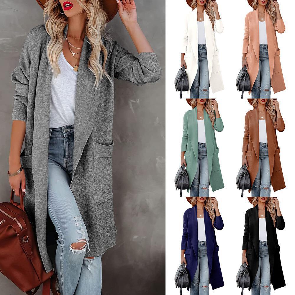 2025 Women's Autumn Casual Loose Solid Color Long Cardigan Pocket Woolen Coat