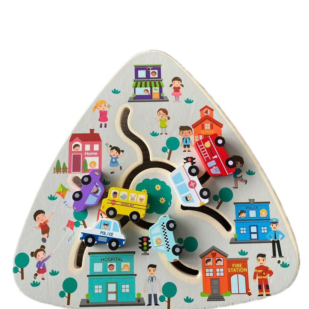1Pc Triangular Wooden Track Pairing Toy Cartoon Slider Movable Color Shape Recognition Game Suitable For Children Ages 3+