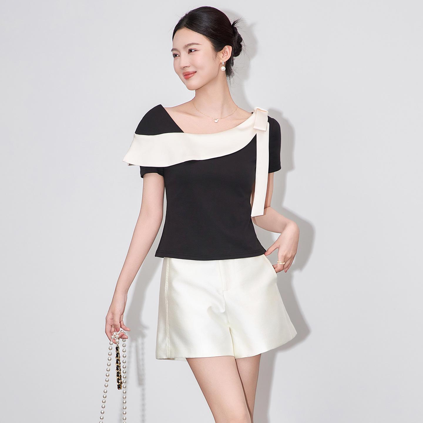 

Color Block Stitching Irregular T-shirt - Women s Summer Slim Fit Short Sleeve Top in Gentle Temperament Style Small