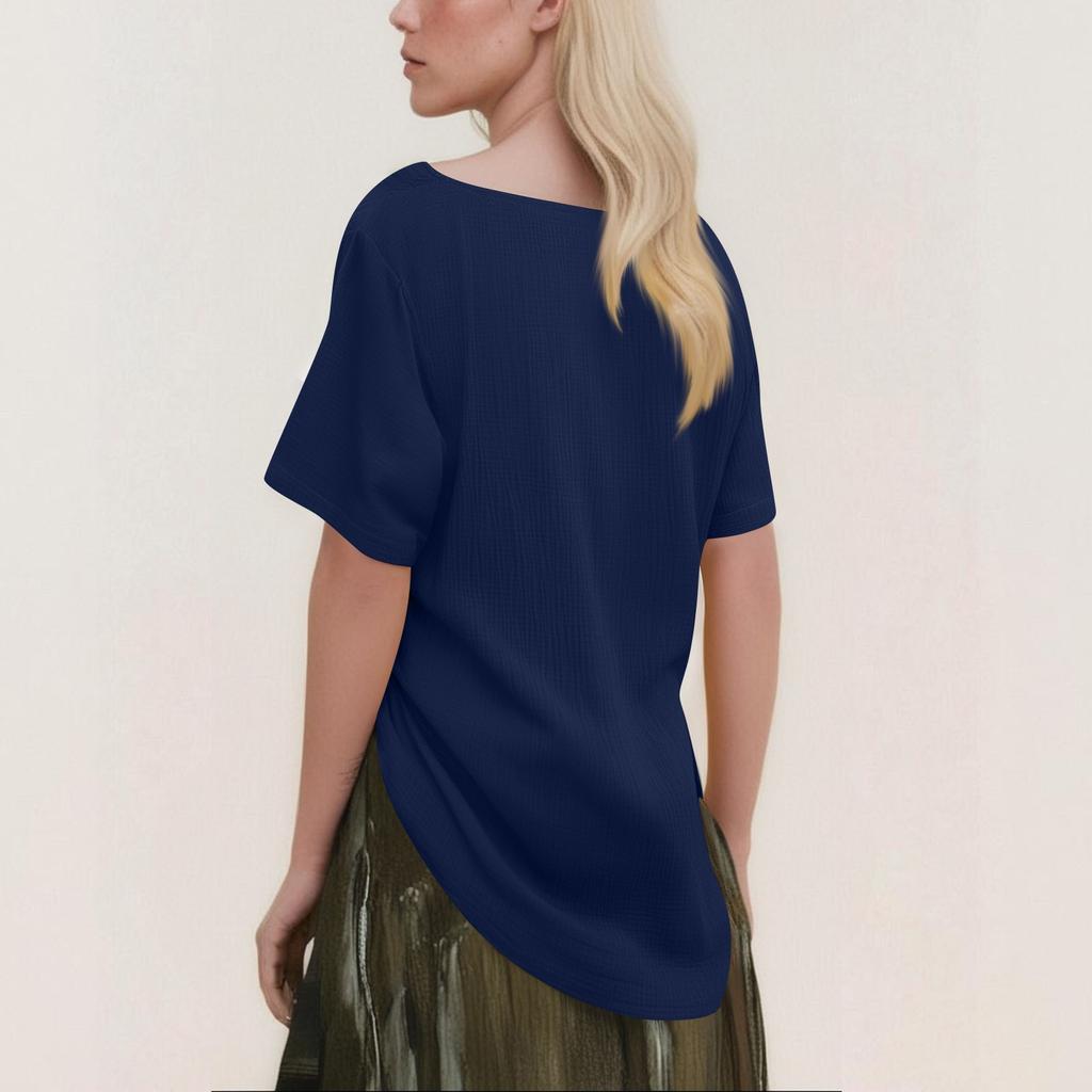 Lockeres Kurzarm-Oberteil aus Baumwolle und Leinen für Damen