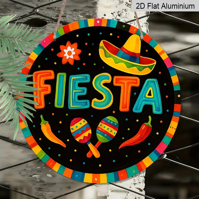 2D Flat, 1pc Round Fiesta Aluminum Hanging Sign, Colorful Mexican Sombrero Maraca Chili Pepper Design, Vibrant Cinco De Mayo Metal Wall Decor