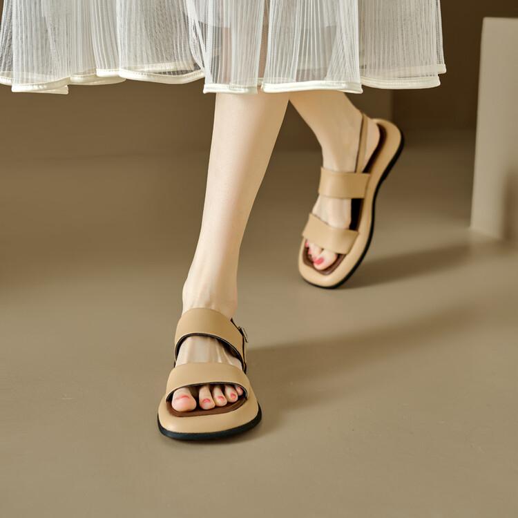 Fashion NEW Summer Women Sandals Split Leather Shoes for Women Square Toe Thick Heel Shoes Csaual Narrow Band Buckle Shoes Flat Sandals