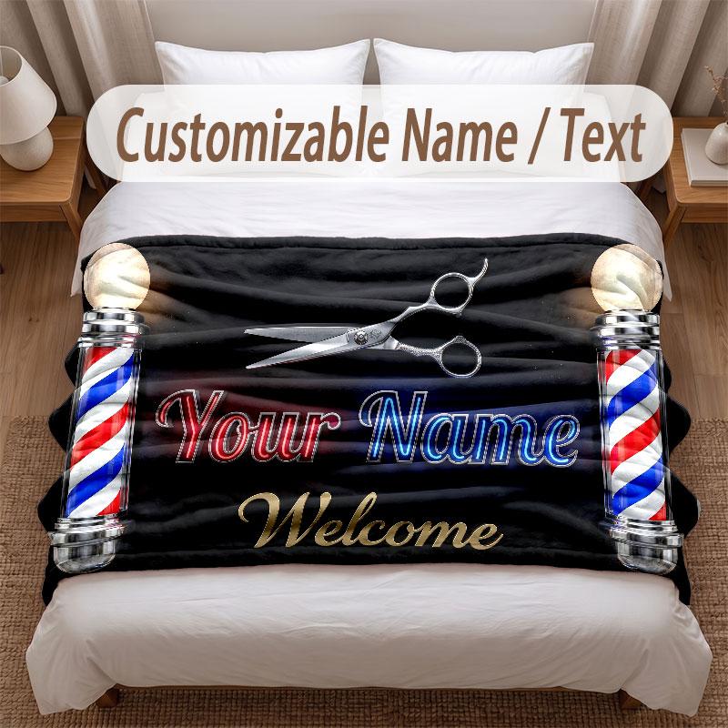 Barber Salon Theme Soft Blanket Personalized Custom Name Text Print Warm Blanket Home Sofa Bedroom Decor